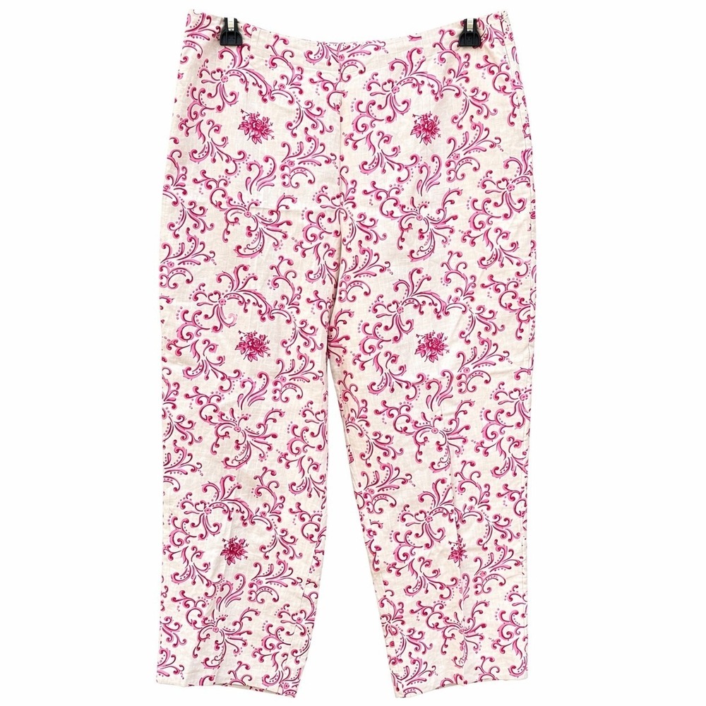 Talbots Womens 16 Irish Linen Cropped Pants Pink Beige Scroll Floral Paisley